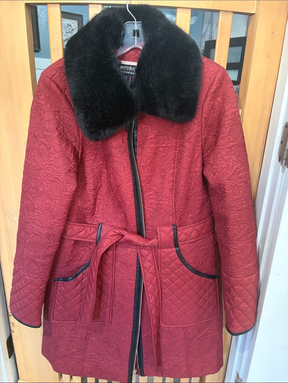 DENNIS BASSO Women's Red Quilted Coat with Black Faux Fur Collar Small